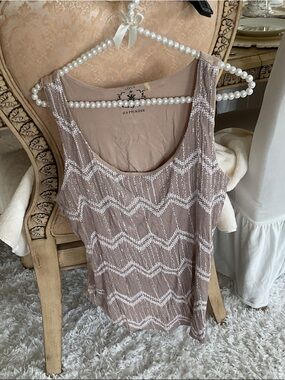 Taupe Beaded Sleeveless Tank Top with sequins